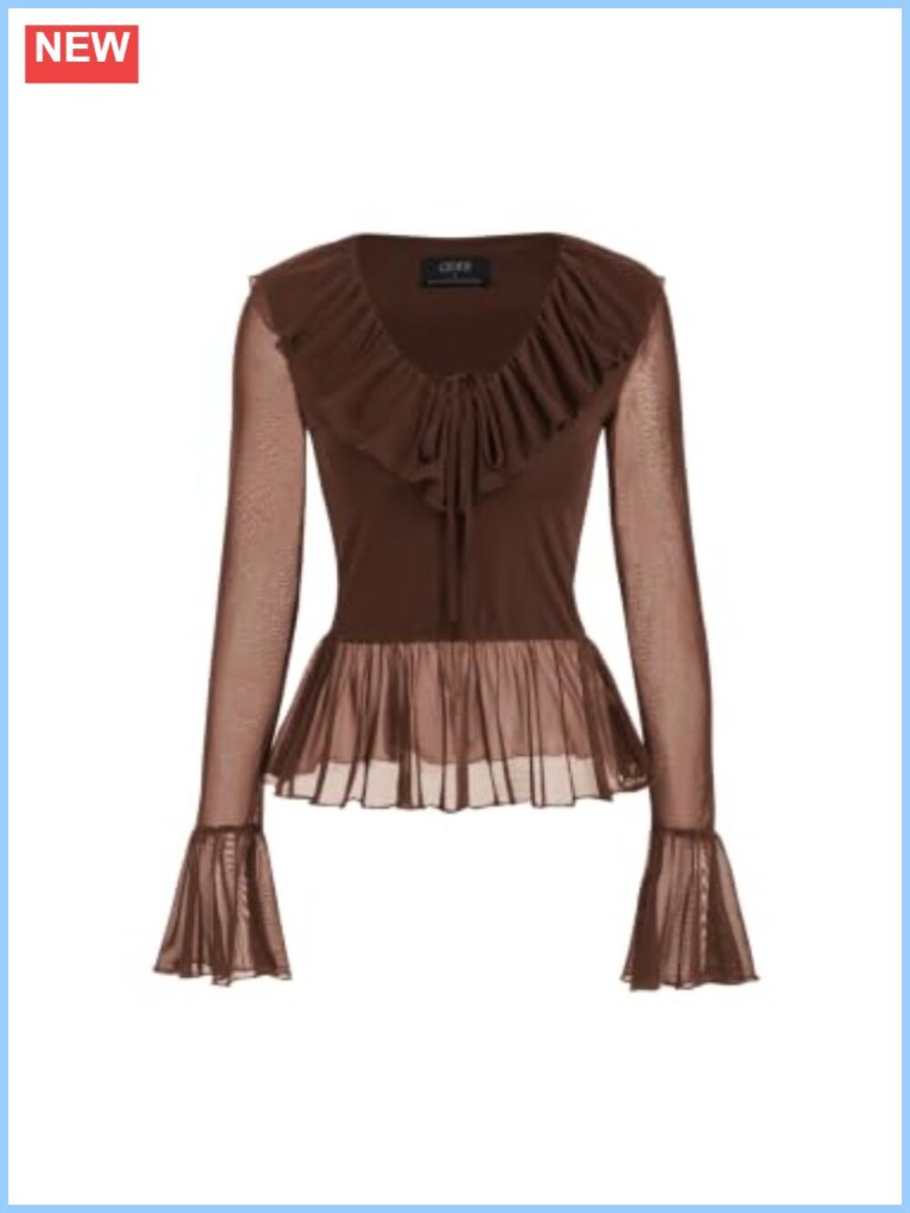 Womens Crop Top Mesh Ruffle Hem Long Sleeve Boho Shirt